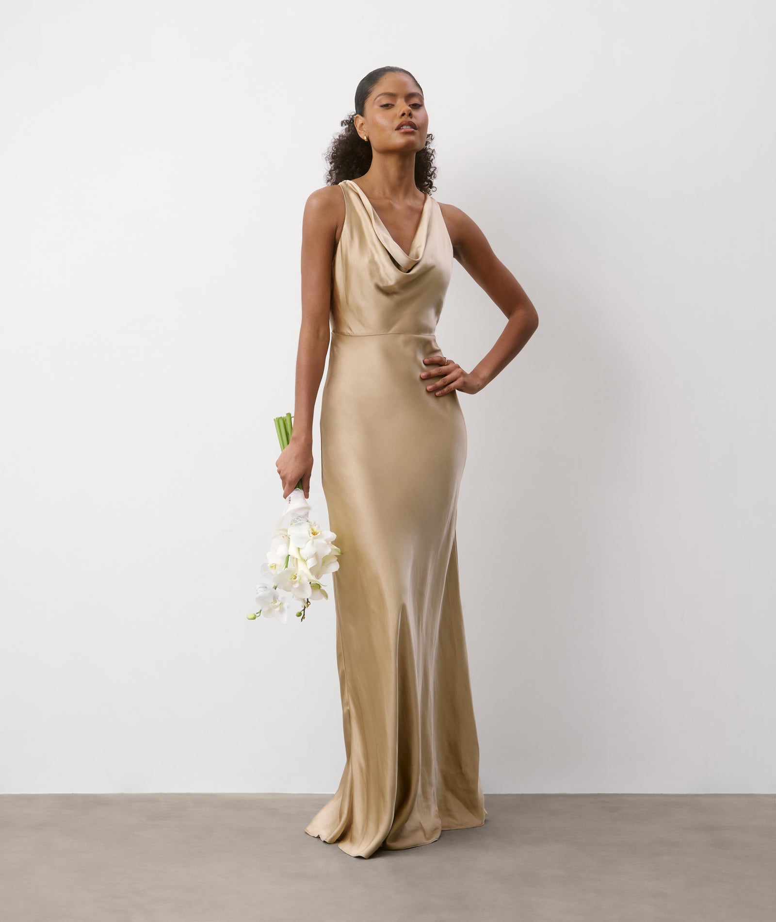 long gold satin dress Six Stories Cowl Front Satin Bridesmaid Dress