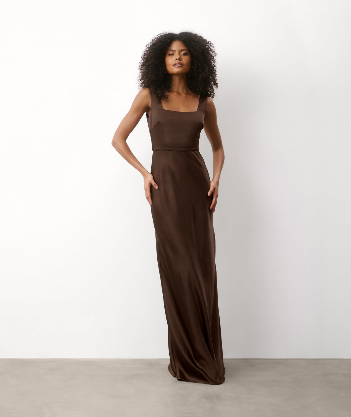 Square Neck Satin Bridesmaid Dress with Chiffon Cape - Chocolate