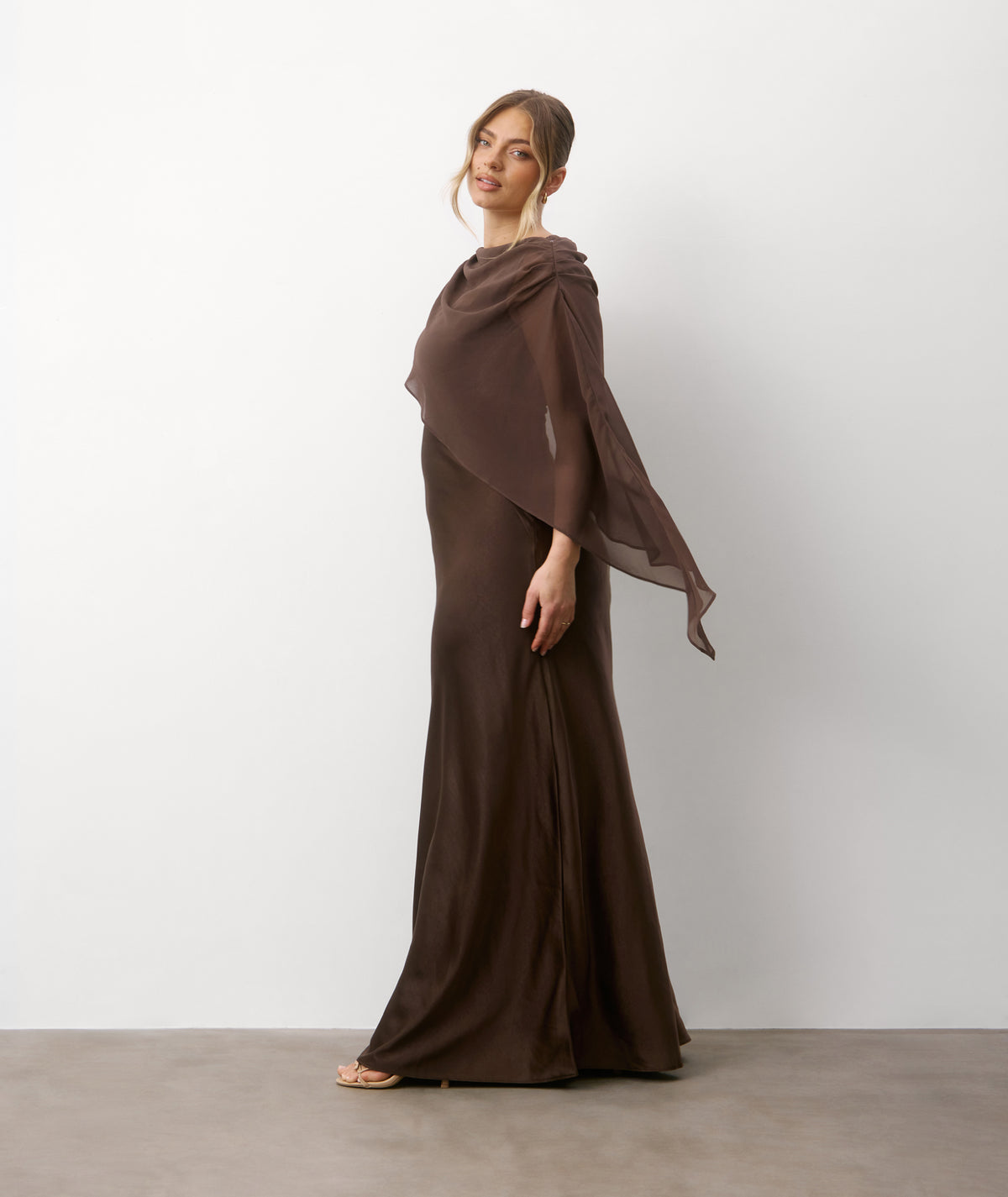 Square Neck Satin Bridesmaid Dress with Chiffon Cape - Chocolate