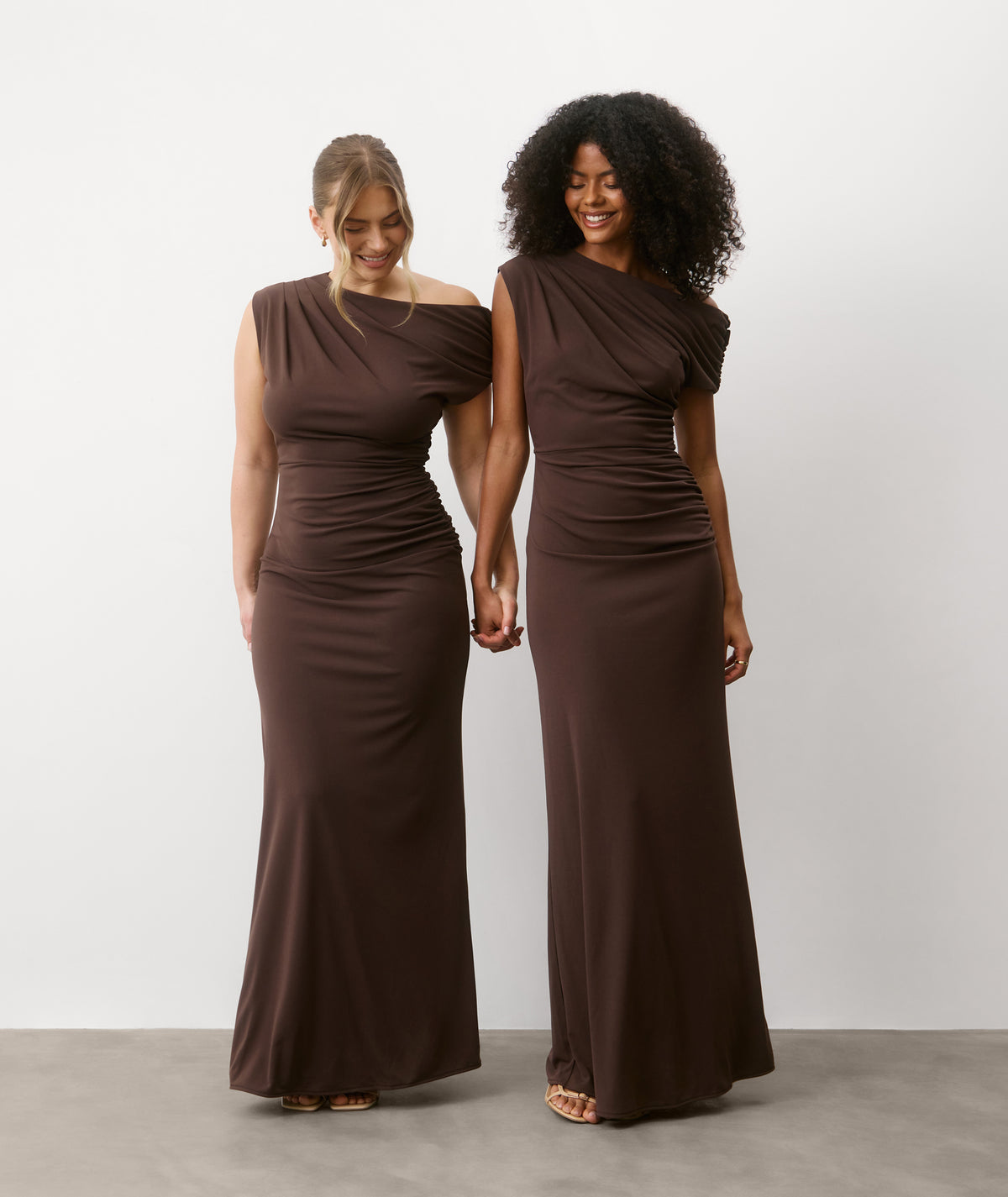 Asymmetric Neck Stretch Sculpt Bridesmaid Dress - Chocolate