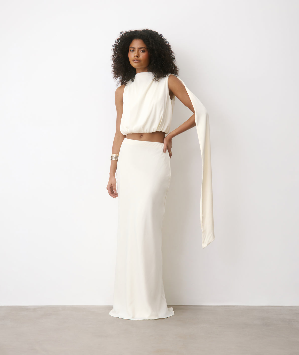 Satin Drape Detail High Neck Top - Cream