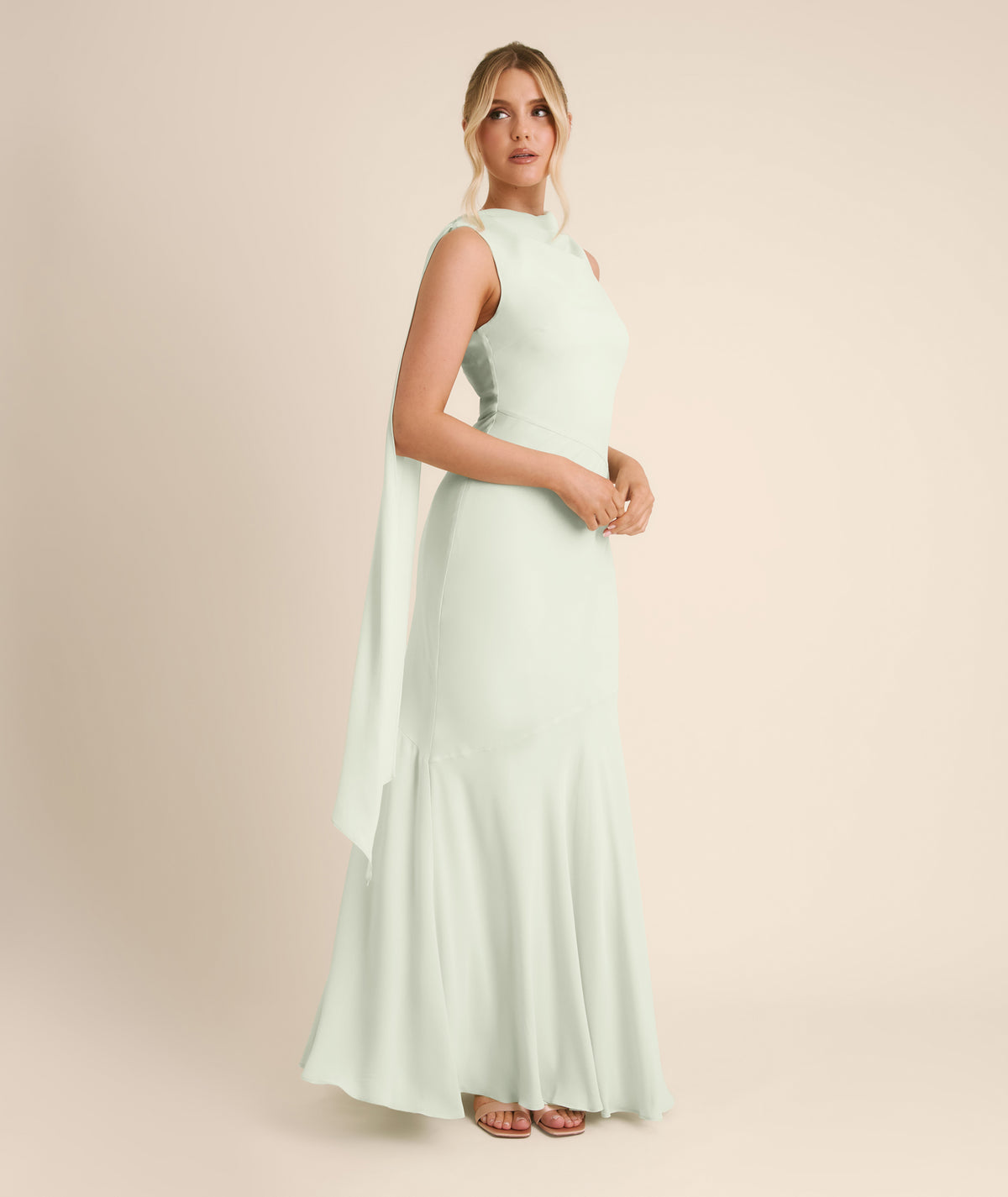 High Cowl Neck Drape Chiffon Bridesmaid Dress - Mint Green