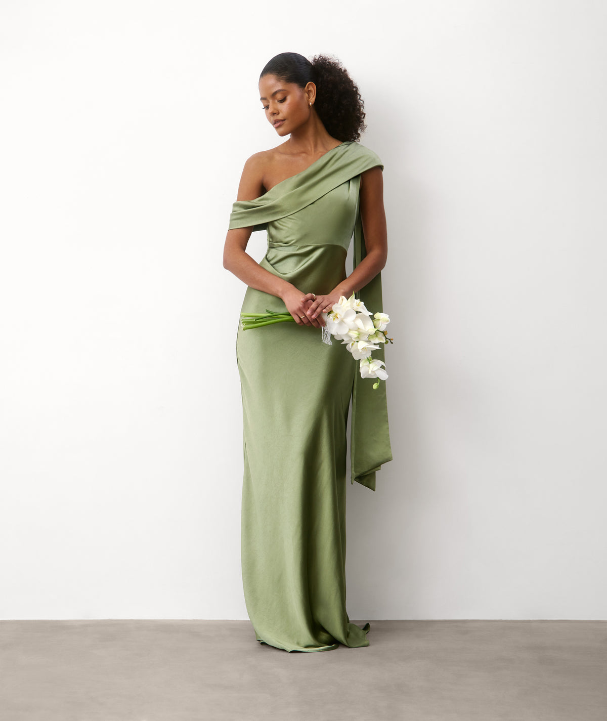 One Shoulder Drape Satin Bridesmaid Dress - Moss Green