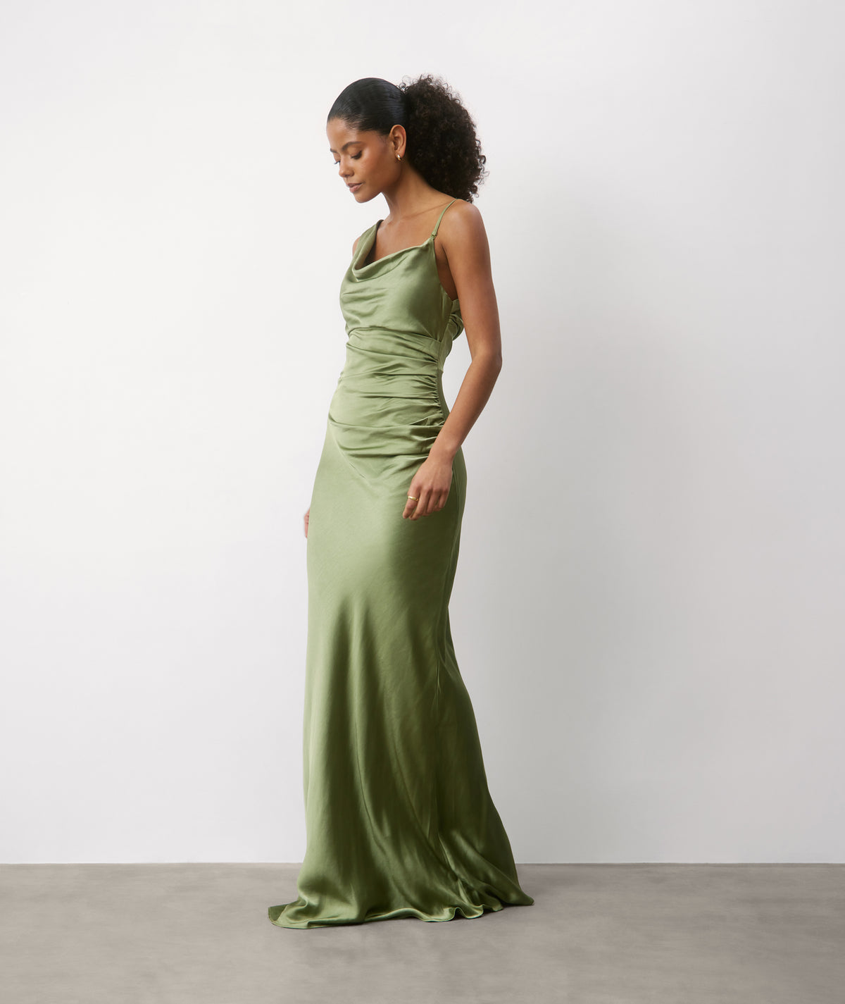 Cowl Asymmetrical Satin Bridesmaid Dress - Moss Green