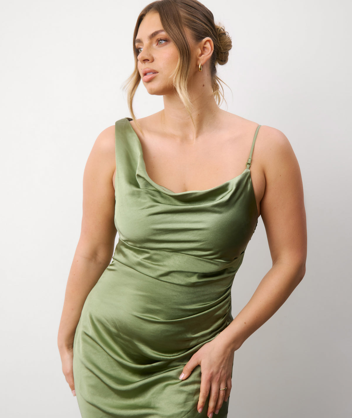 Cowl Asymmetrical Satin Bridesmaid Dress - Moss Green