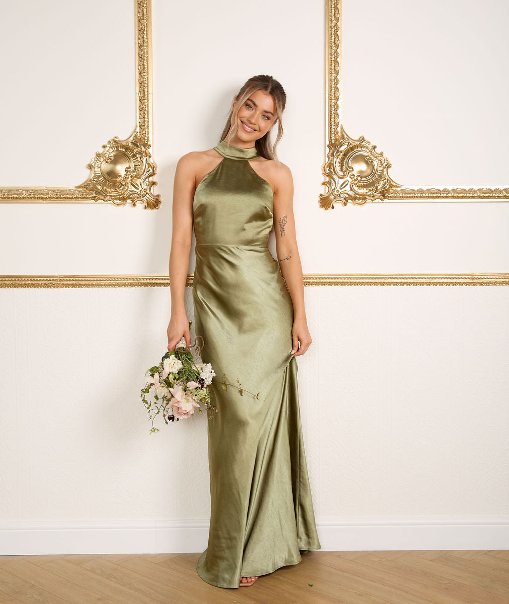 Six Stories Halter Neck Satin Bridesmaid Dress in Moss Green at Nordstrom, Size 8