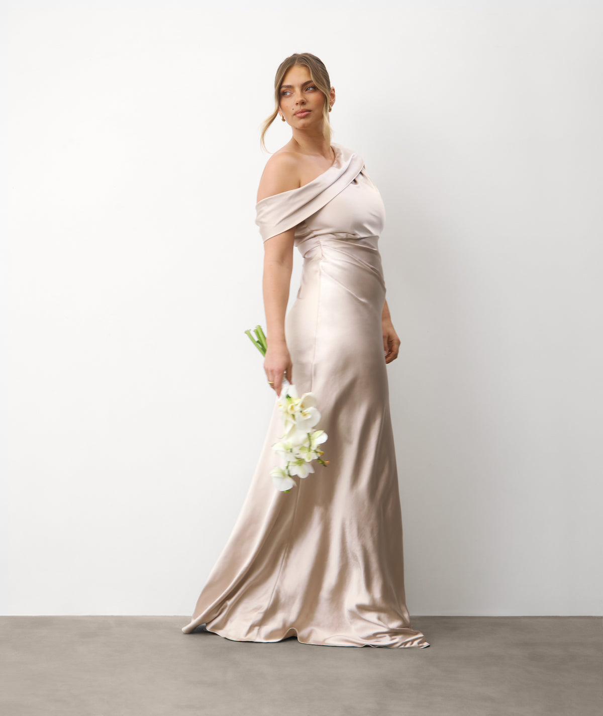 One Shoulder Drape Satin Bridesmaid Dress - Oyster