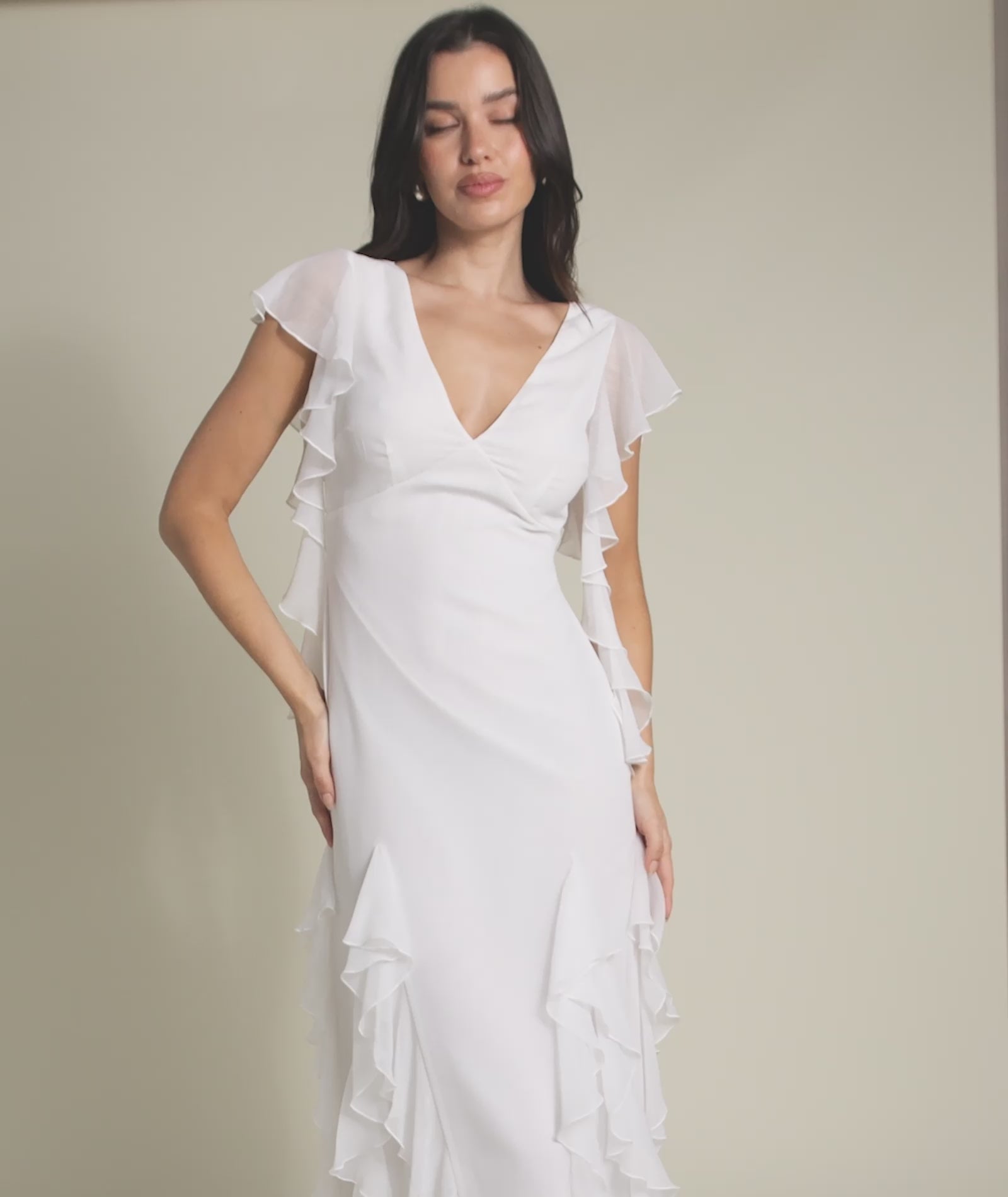 Ruffle V Neck Plunge Maxi Dress