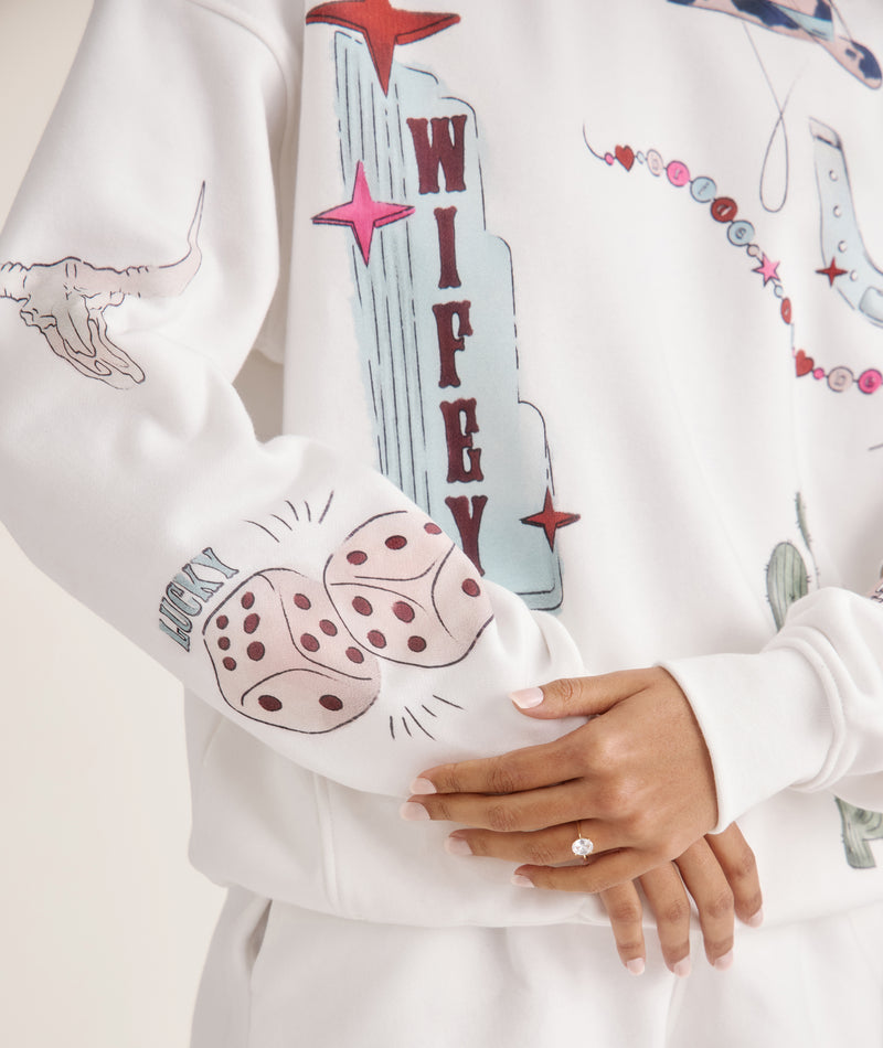 Close-up of rodeo bride sweatshirt with western graphics
