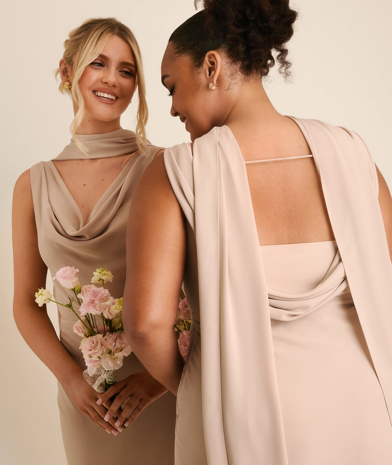 Plunge Cowl Chiffon Bridesmaid Dress with Neck Scarf - Taupe
