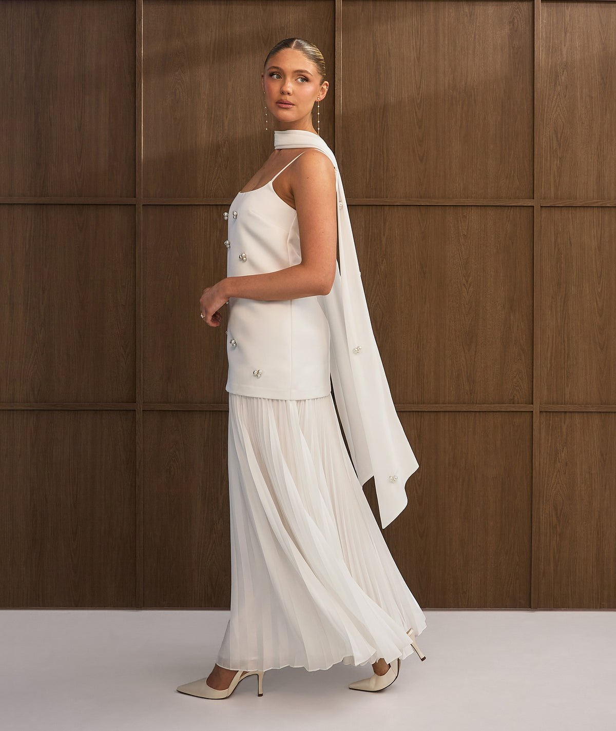 Pearl Embellished Maxi Dress with Neck Scarf - White