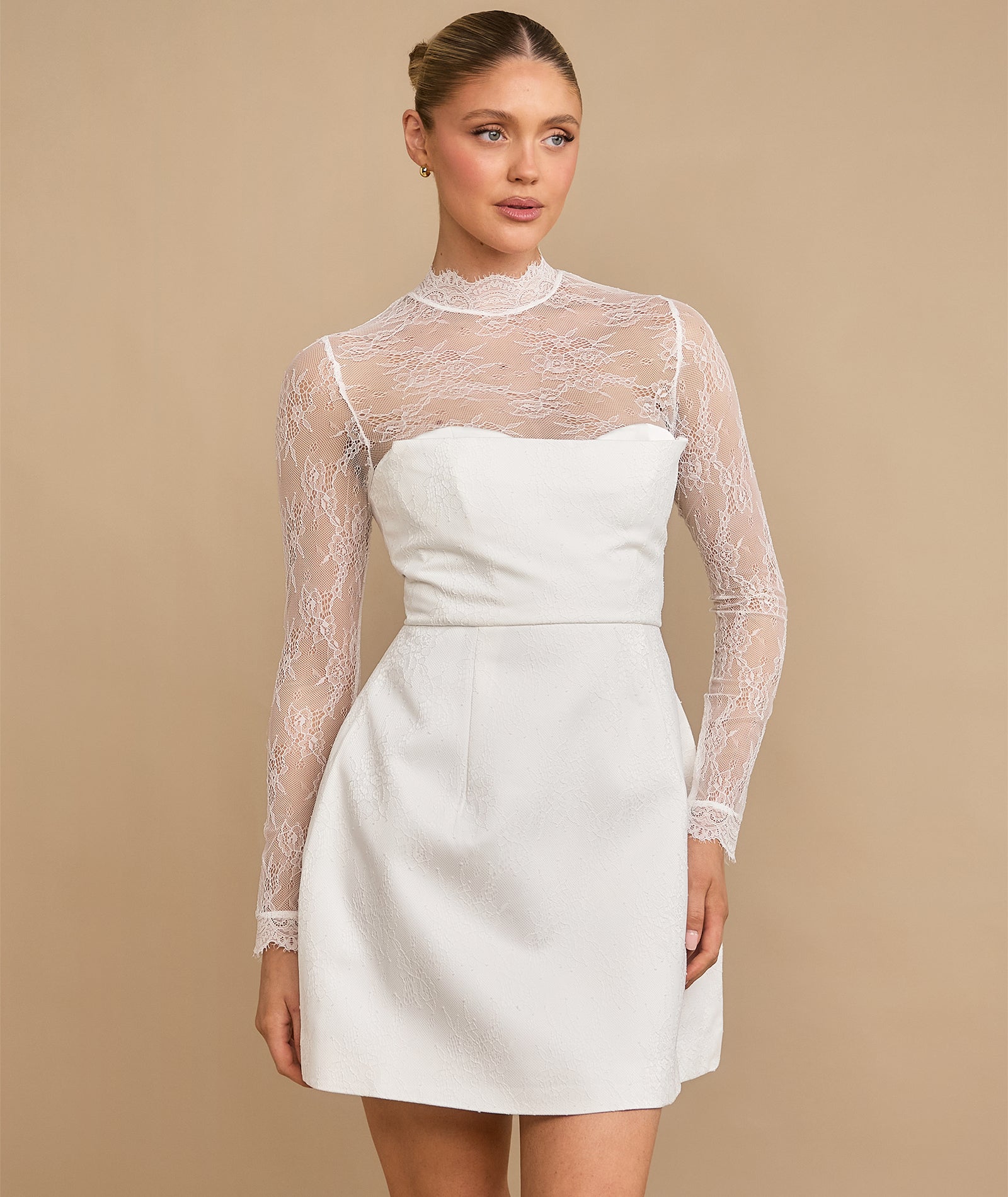 Lace Sleeve Cup Detail Mini Dress - White – Six Stories