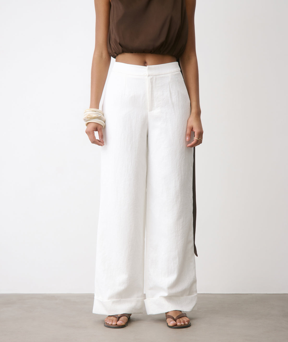 Textured Turn Up Tailored Pants - White
