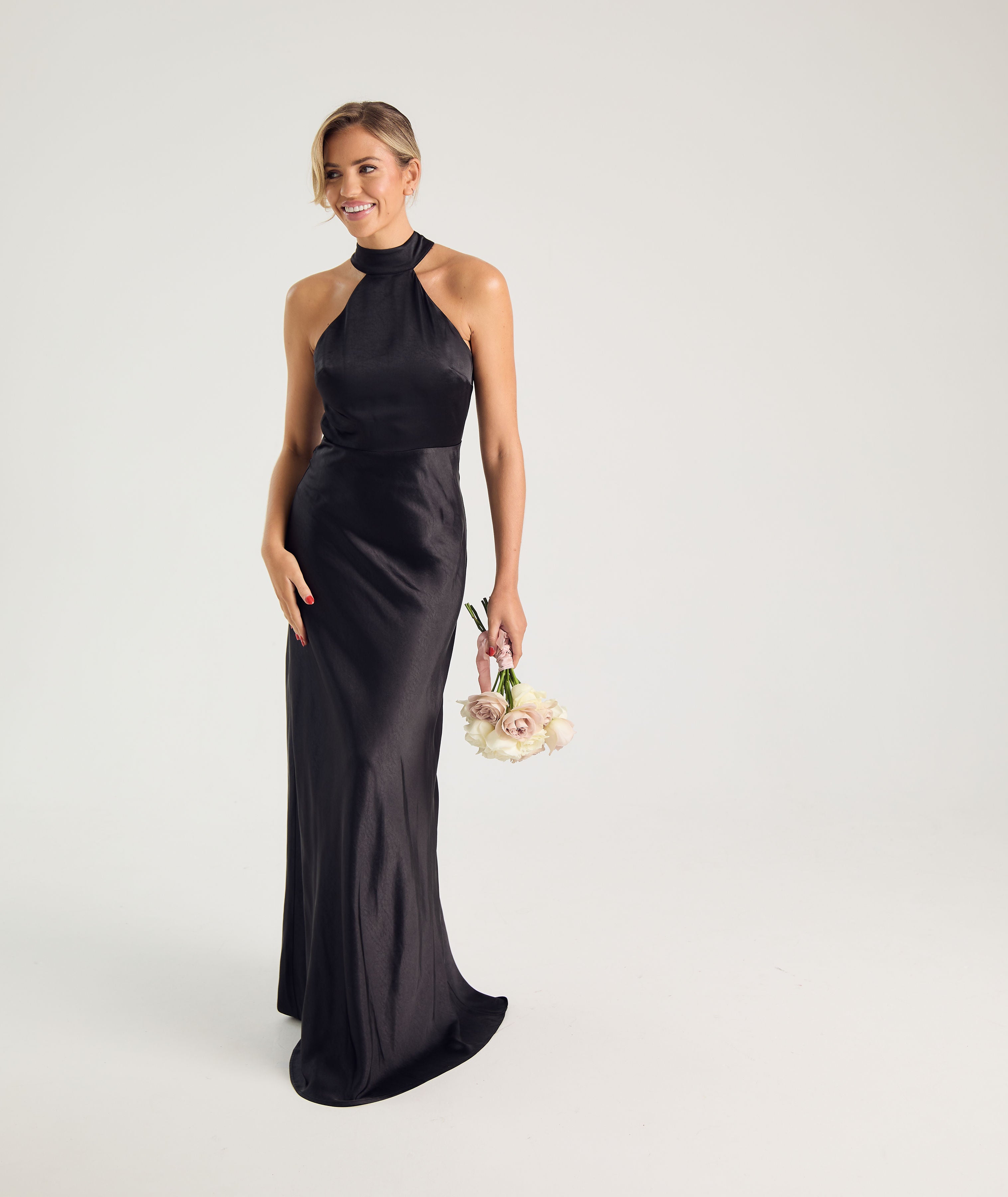 Halter Neck Satin Bridesmaid Dress Black – Six Stories