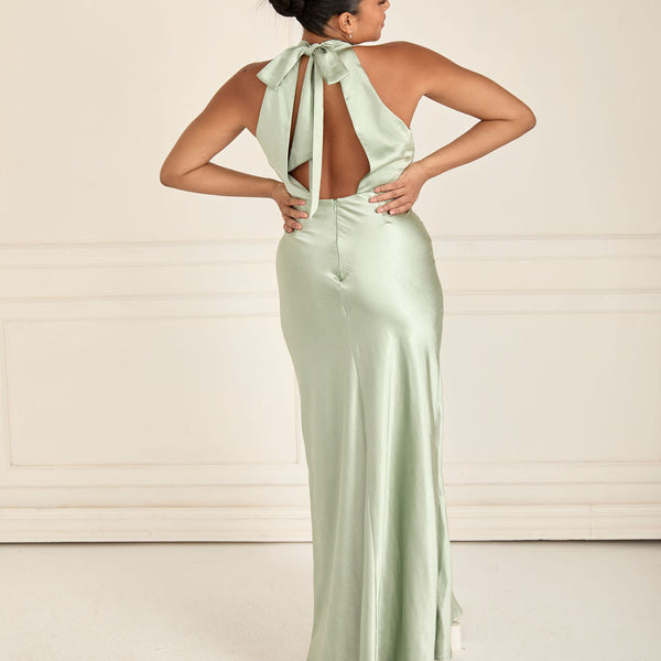 green emerald velvet dress Long Satin Draped Sage Green Halter Bridesmaid Dress – FancyVestido main image 1