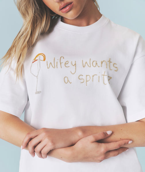 Wifey Wants a Spritz Beaded Tee - White - Medium