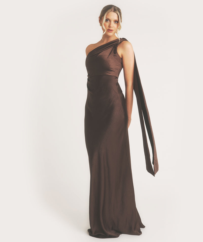 One Shoulder Drape Detail Satin Bridesmaid Dress - Chocolate
