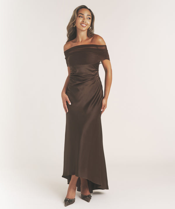 Bardot Detail Satin Midaxi Dress - Chocolate