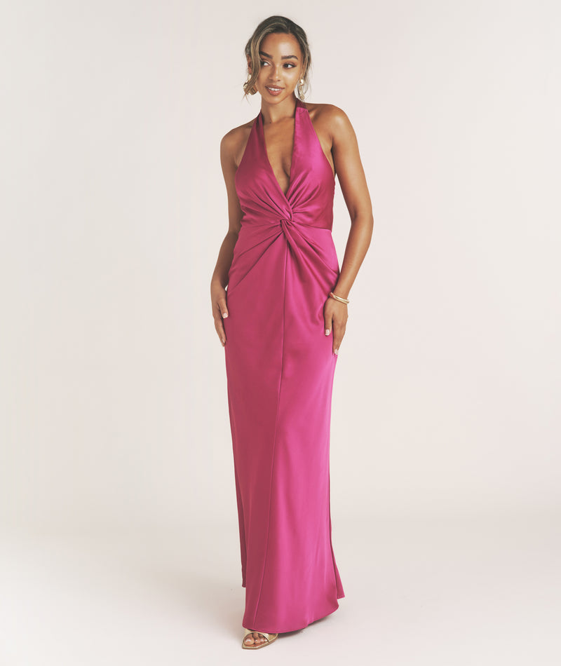 Six Stories satin Plunge Knot Detail bias maxi Dress in raspberry-pink Six Stories satin Plunge Knot Detail bias maxi Dress in raspberry-pink
