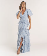 Floral Plunge Belted Ruffle Maxi Dress - Pale Blue
