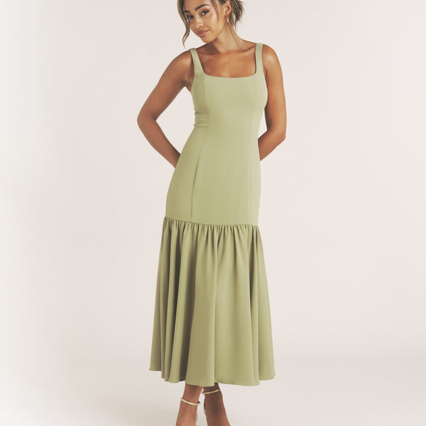 Square Neck Drop Hem Midi Dress - Sage Six Stories Square Neck Drop Hem Midi Dress - Sage Six Stories