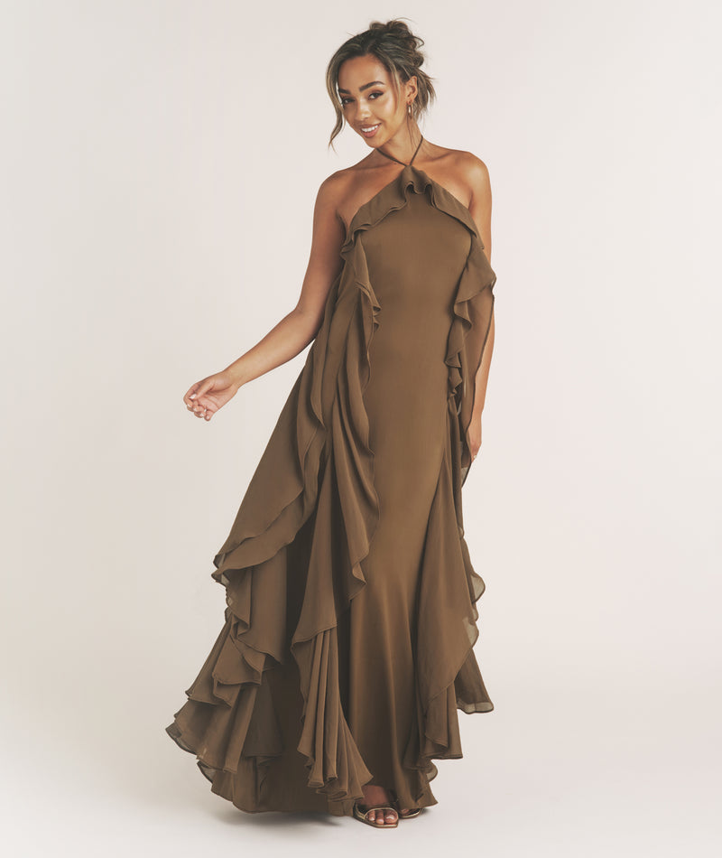 Ruffle Halter Neck Maxi Dress - Olive Six Stories Ruffle Halter Neck Maxi Dress - Olive Six Stories