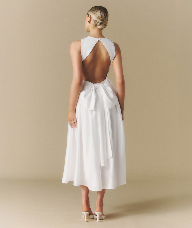 Bow Back Dropped Waist Midi Dress - White Six Stories Bow Back Dropped Waist Midi Dress - White Six Stories