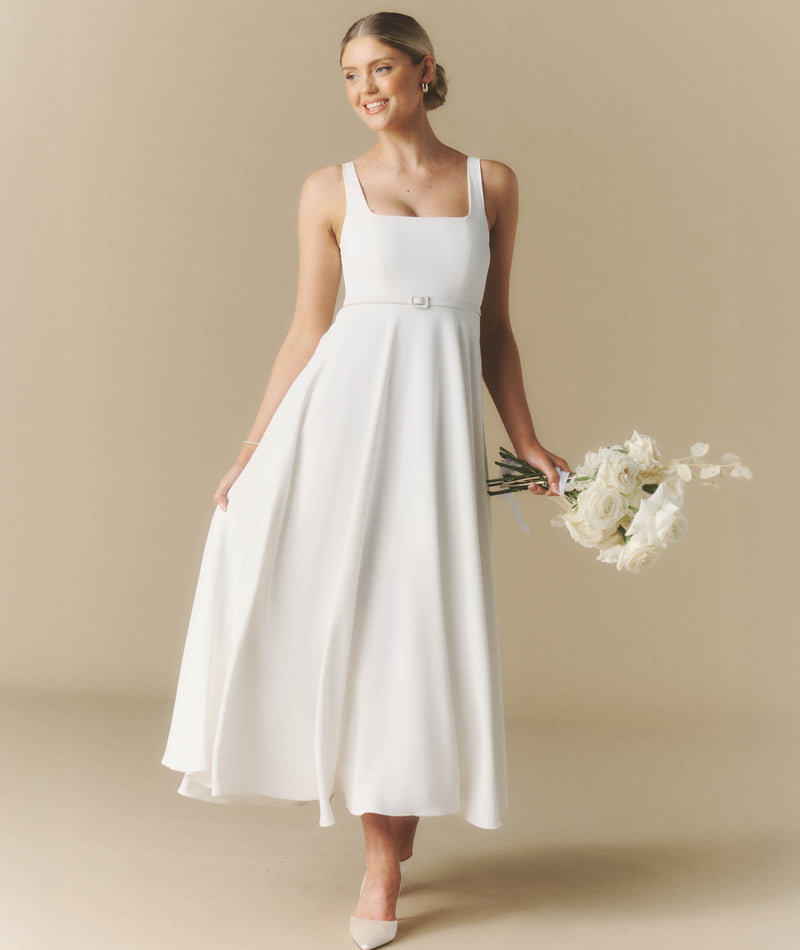 White Dress for Bridal Shower - White Bridal Dress - Margot Square Neck Belted Midi Dress - White | Six Stories- Size US 4 White Dress for Bridal Shower - White Bridal Dress - Margot Square Neck Belted Midi Dress - White | Six Stories- Size US 4