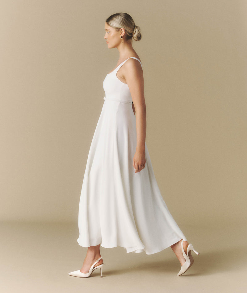 White Dress For Bridal Shower - White Bridal Dress - Margot Square Neck Belted Midi Dress - White White Dress For Bridal Shower - White Bridal Dress - Margot Square Neck Belted Midi Dress - White