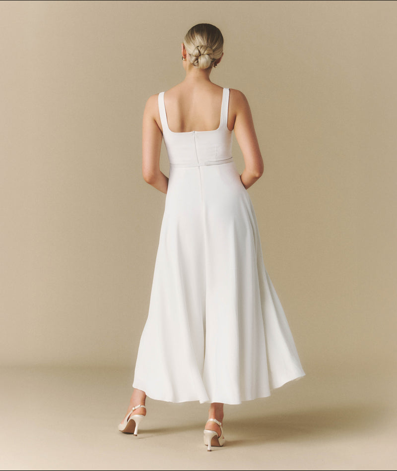White Dress for Bridal Shower - White Bridal Dress - Margot Square Neck Belted Midi Dress - White | Six Stories- Size US 4 White Dress for Bridal Shower - White Bridal Dress - Margot Square Neck Belted Midi Dress - White | Six Stories- Size US 4