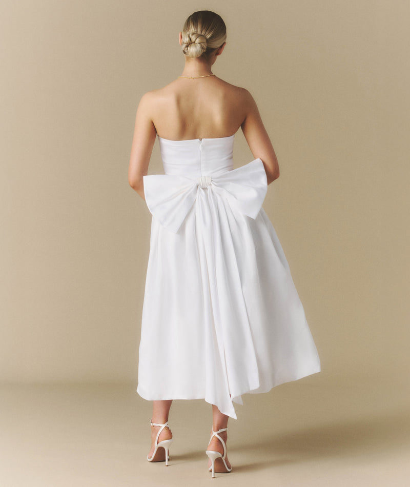 Bandeau Bow Back Pleated Midi Dress - White | Six Stories Bandeau Bow Back Pleated Midi Dress - White | Six Stories