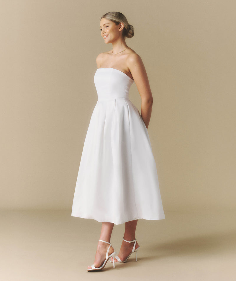 Bandeau Bow Back Pleated Midi Dress - White | Six Stories Bandeau Bow Back Pleated Midi Dress - White | Six Stories