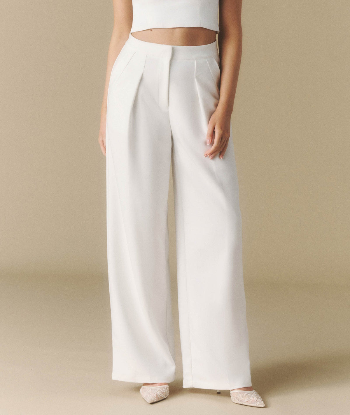 Pleated Wide Leg Trousers - Off White