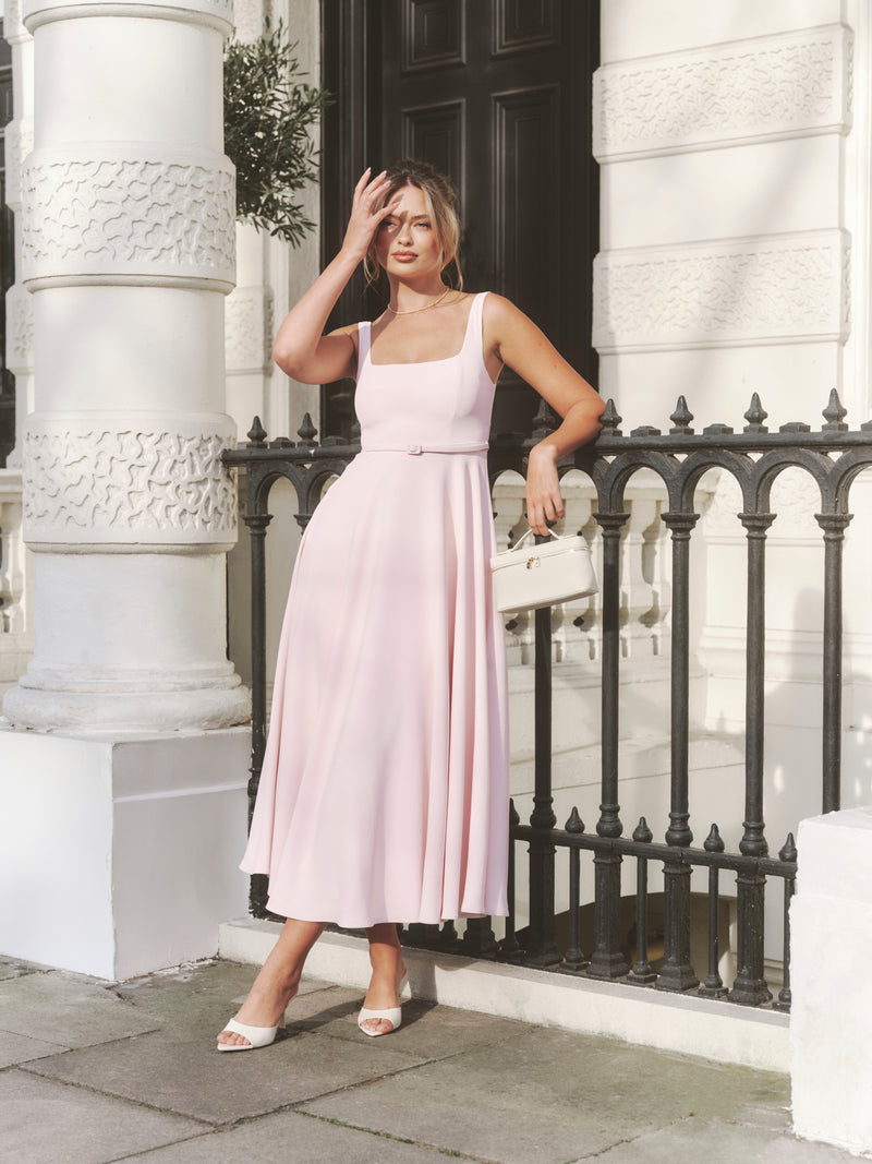 Square Neck Belted Midi Dress - Pale Pink- Size US 4 Square Neck Belted Midi Dress - Pale Pink- Size US 4