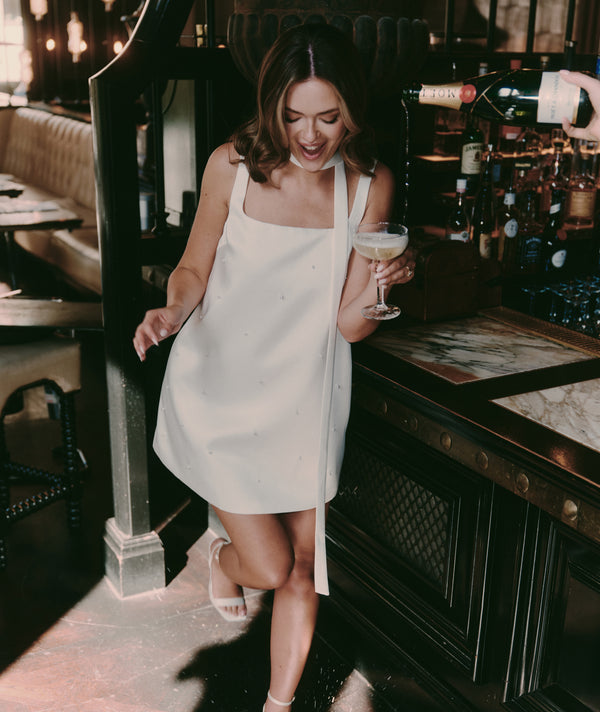 Pearl Scatter Detail Mini Dress with Neck Scarf – White