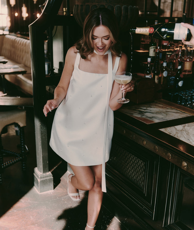 Pearl Scatter Detail Mini Dress with Neck Scarf – White