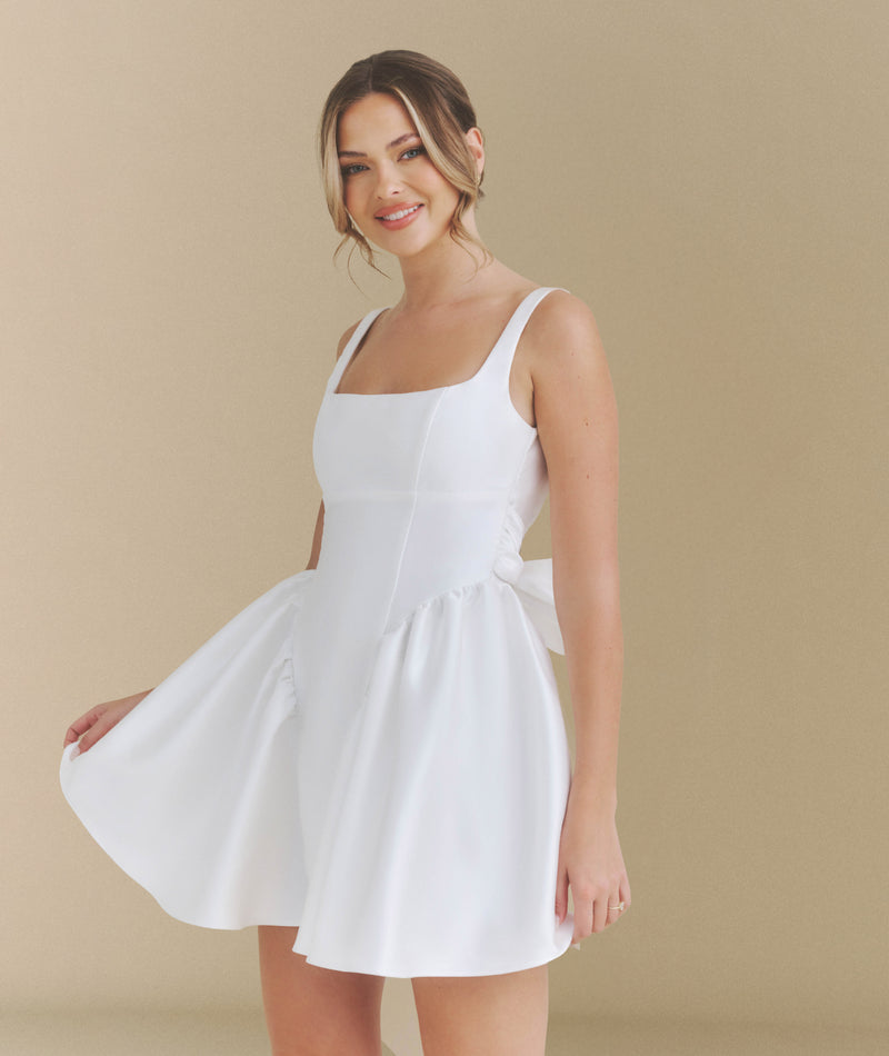 Satin Bow Back Pleated Skirt Mini Dress - White