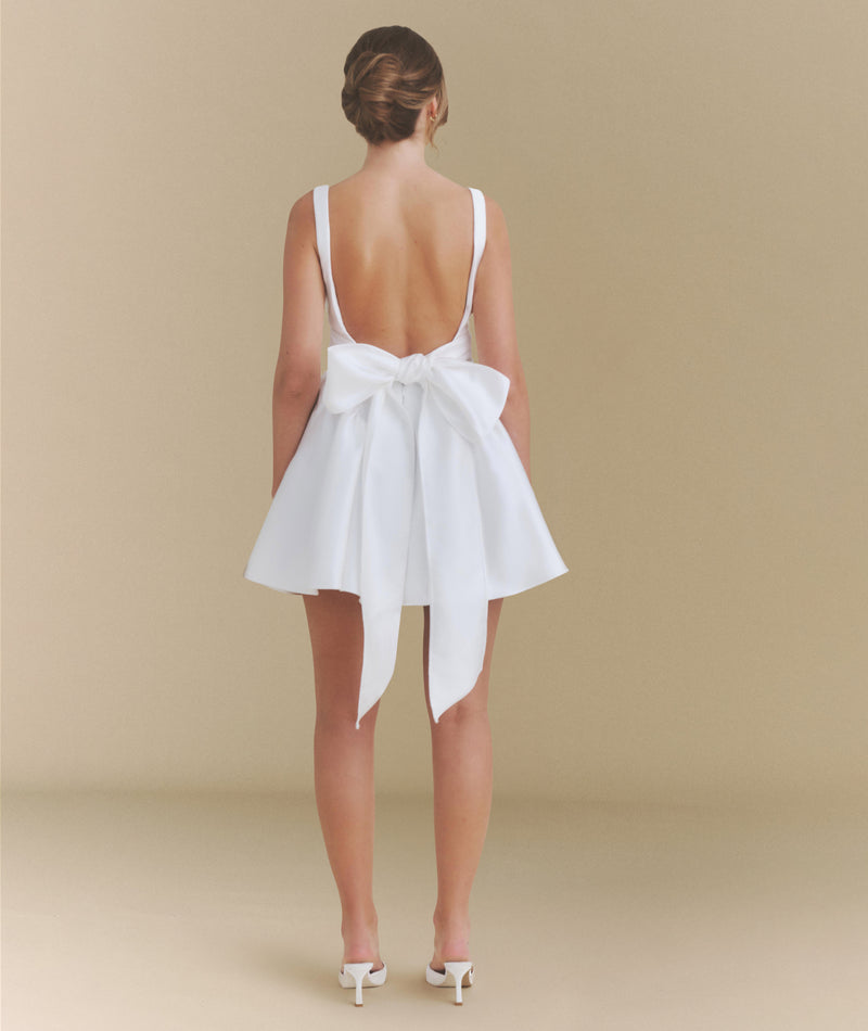 Satin Bow Back Pleated Skirt Mini Dress - White