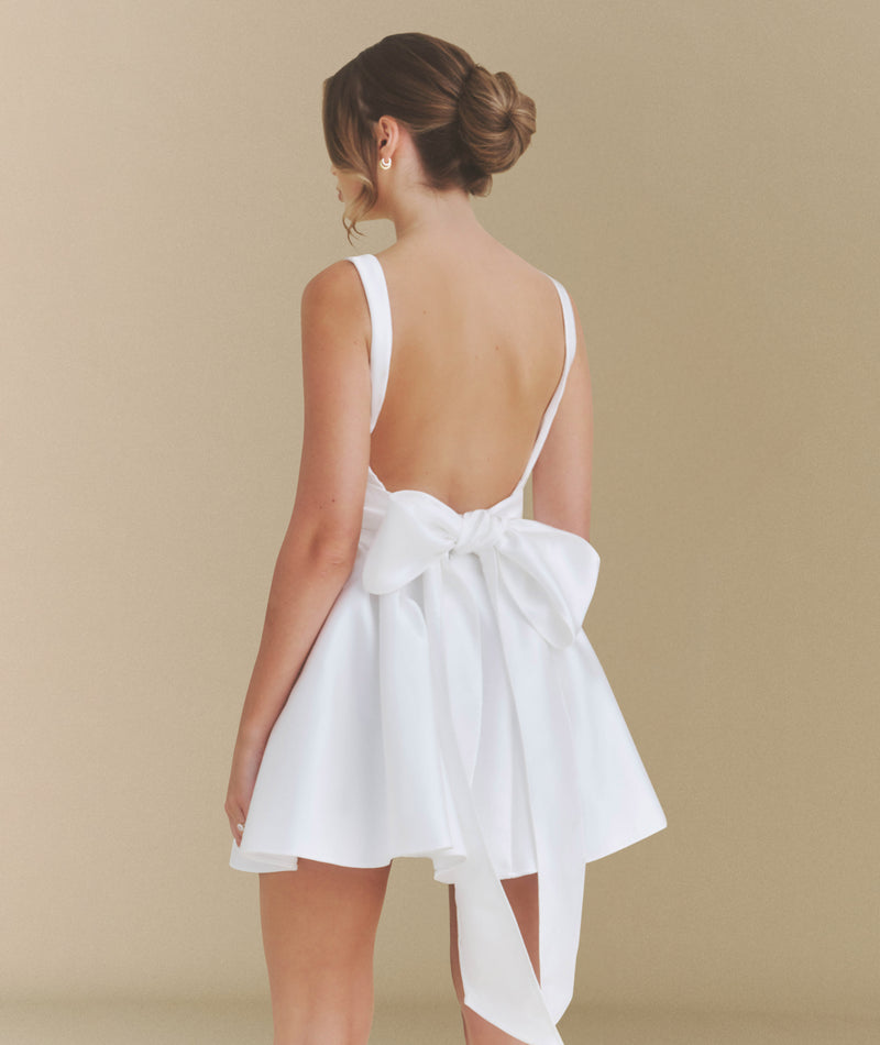 Satin Bow Back Pleated Skirt Mini Dress - White