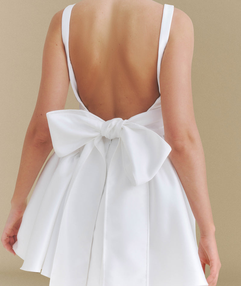Satin Bow Back Pleated Skirt Mini Dress - White