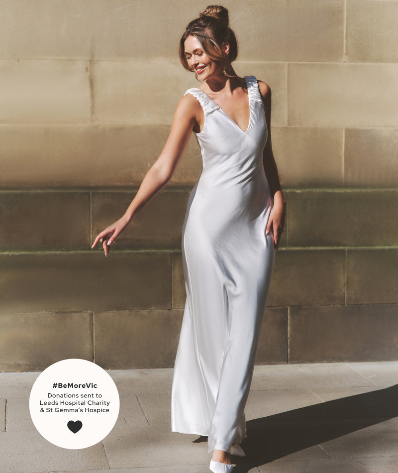 V Neck Satin Maxi Dress – White