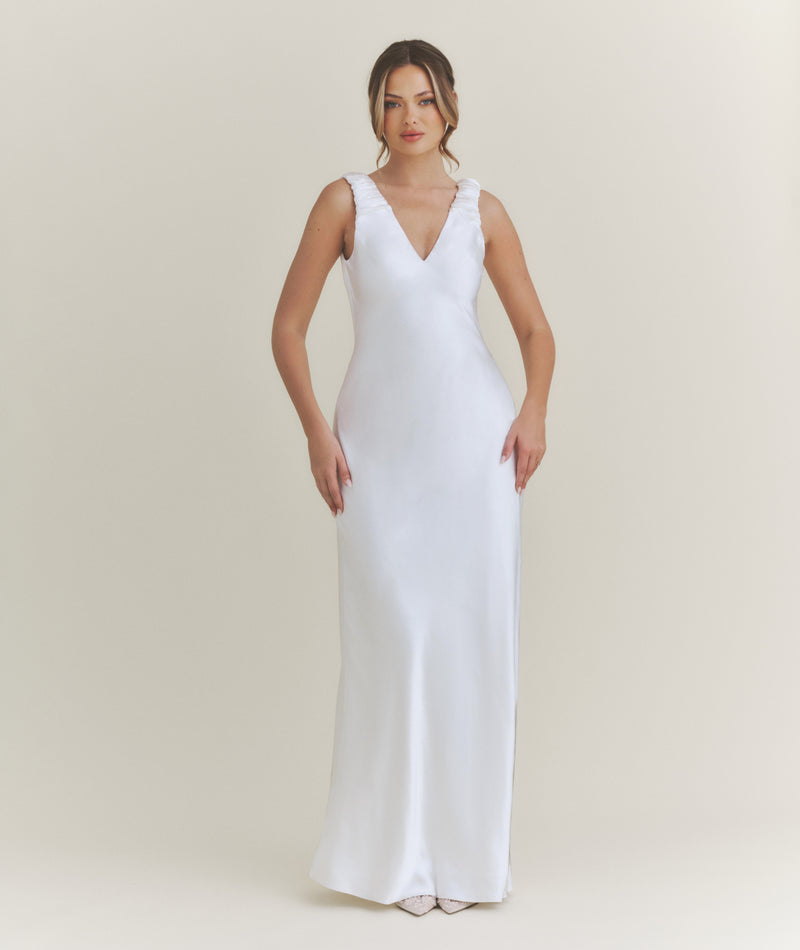 v neck white dress Satin Maxi Dress: V-Neck A-Line Wedding Guest Sleeve Length Sylvie Plunge V-Neck Maxi Dress