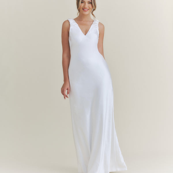 V Neck Satin Maxi Dress White Six Stories V Neck Satin Maxi Dress White Six Stories