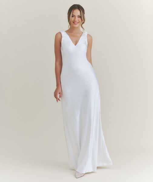 V Neck Satin Maxi Dress – White- Size US 6