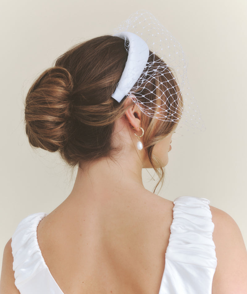 Mesh Overlay Satin Fascinator - White