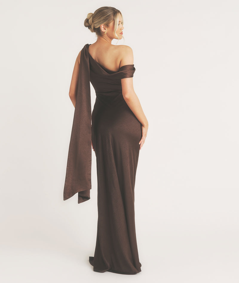 One Shoulder Drape Detail Satin Bridesmaid Dress - Chocolate