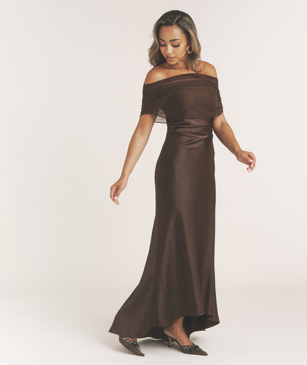 Bardot Detail Satin Midaxi Dress - Chocolate