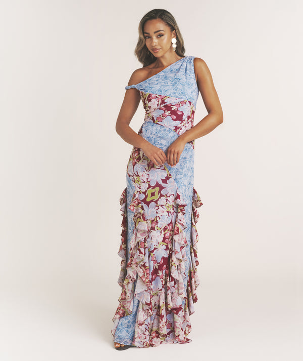 Floral Mixed Print Ruffle Dress - Pale Blue