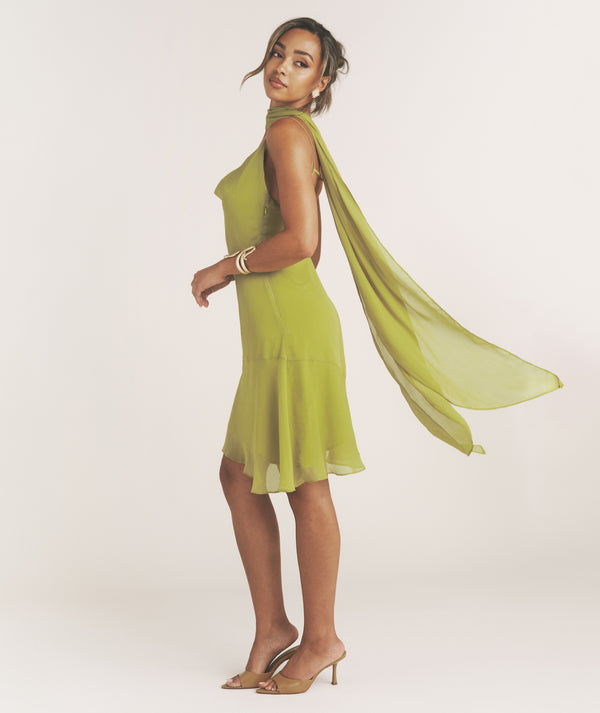 Cowl Front Chiffon Mini Dress with Neck Scarf - Green