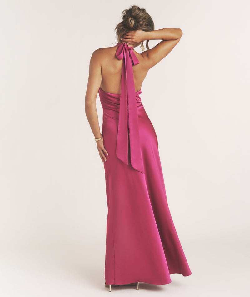Six Stories satin Plunge Knot Detail bias maxi Dress in raspberry-pink Six Stories satin Plunge Knot Detail bias maxi Dress in raspberry-pink
